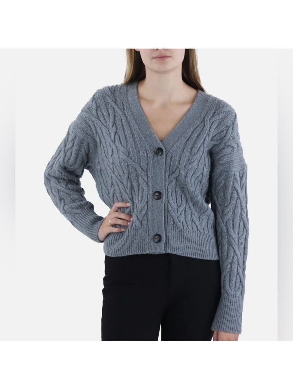 Vince Interlocking Cable Cashmere Blend Cardigan in Light Slate Tide Pool XL